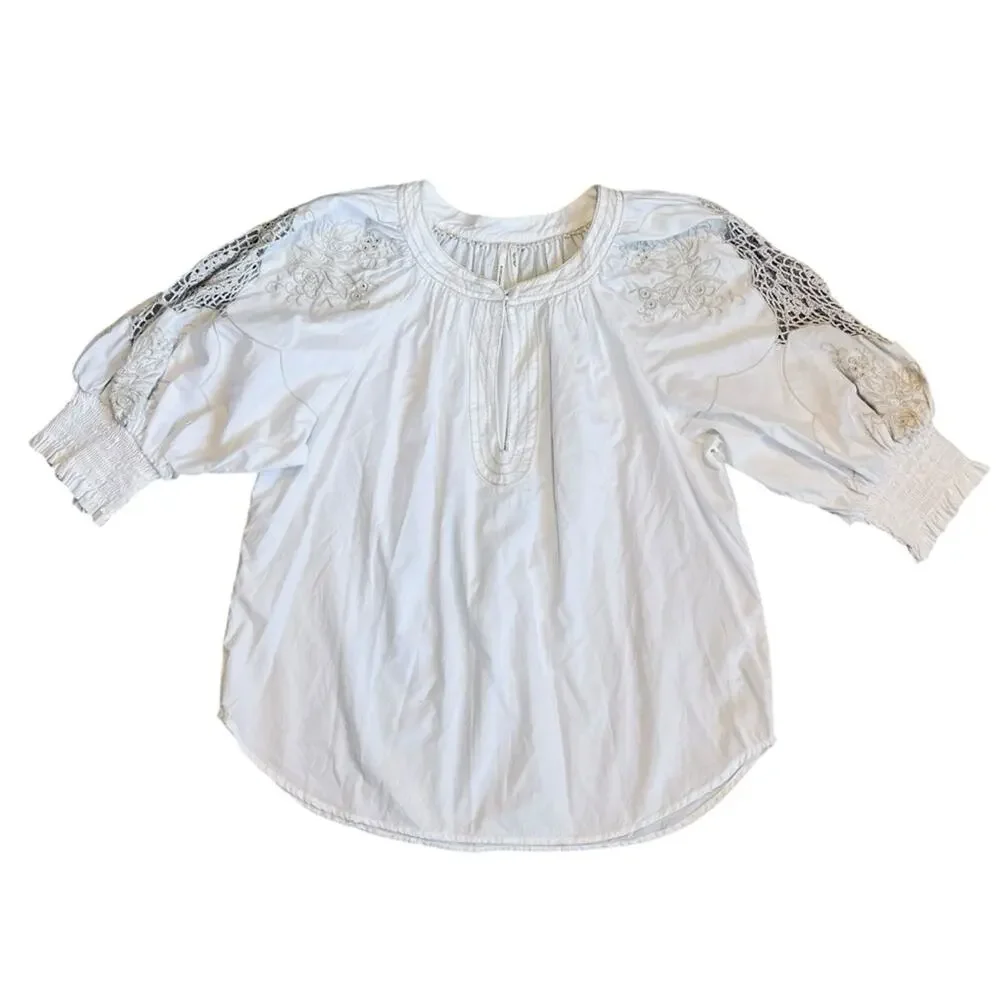 Anthropologie Women’s Sz S White Cream Crochet Blouse Short Puff Sleeve